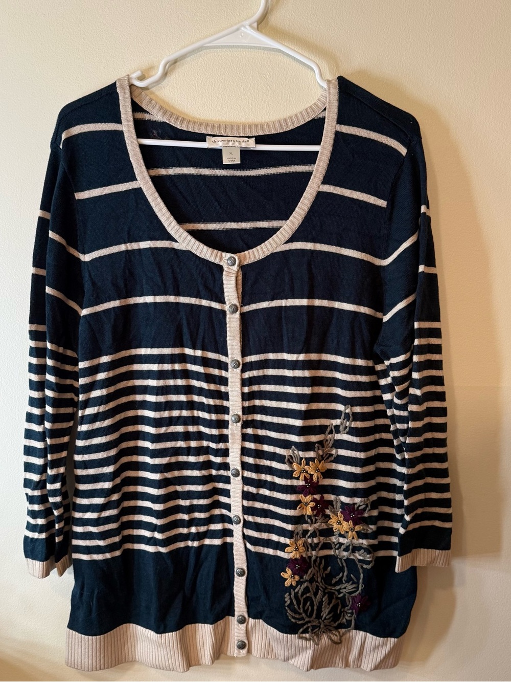 Striped Black and Cream Button-Front Women's Sweater with Embroidered Detail